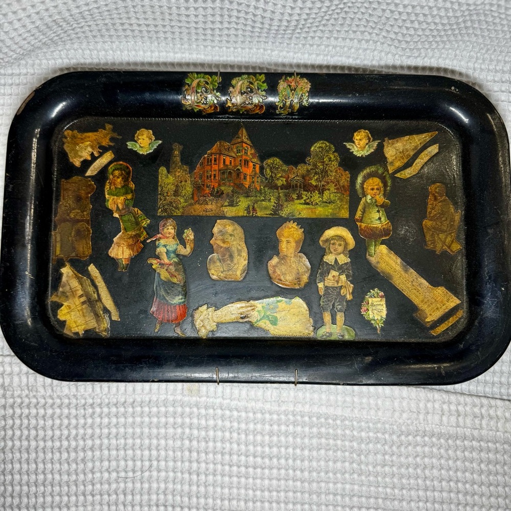 Antique French Toleware Tray Napoleon III Era 19th C Decoupage Figural